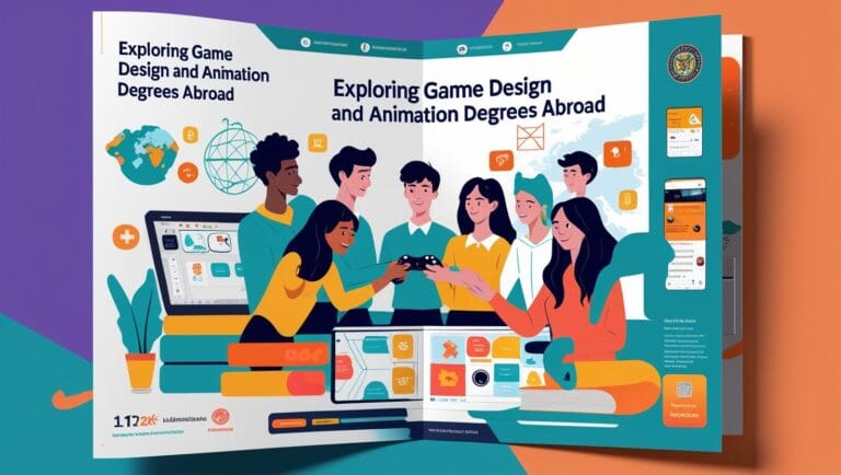 Illustrated brochure cover titled "Exploring Game Design and Animation Degrees Abroad" featuring diverse students collaborating with gaming controllers, digital tools, and books, with global icons and UI elements representing animation, game development, and international education.