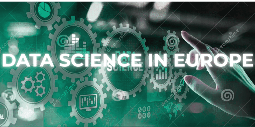 Hand pointing at virtual gears labeled “Data Science in Europe” with icons representing data charts, analytics, and digital technology.