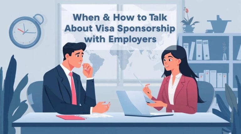 Generate a 1200x675 px realistic image for the topic_When How to Talk About Visa Sponsorship with Employers_ Include the title in the image - Best Study Abroad Consultants in India Sponsorship