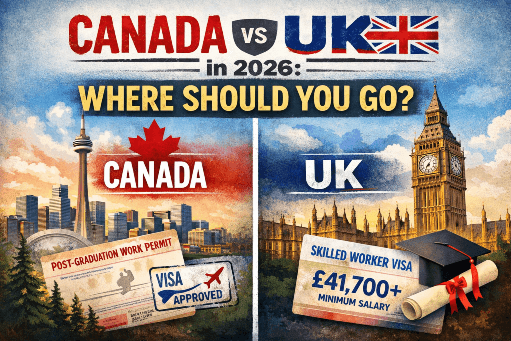 Canada vs UK 2026 study abroad comparison infographic showing salary and visa factors for Indian students