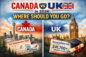 Canada vs UK in 2026: Salary & Visa Comparison - Best Study Abroad Consultants in India Canada vs UK 2026 study abroad comparison infographic showing salary and visa factors for Indian students